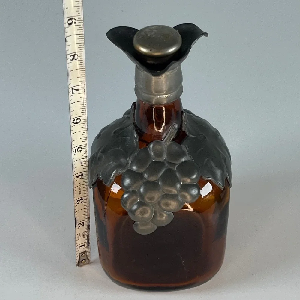 Vintage Decanter Set Green Amber Glass Italy OS Good Pewter Grape Overlay